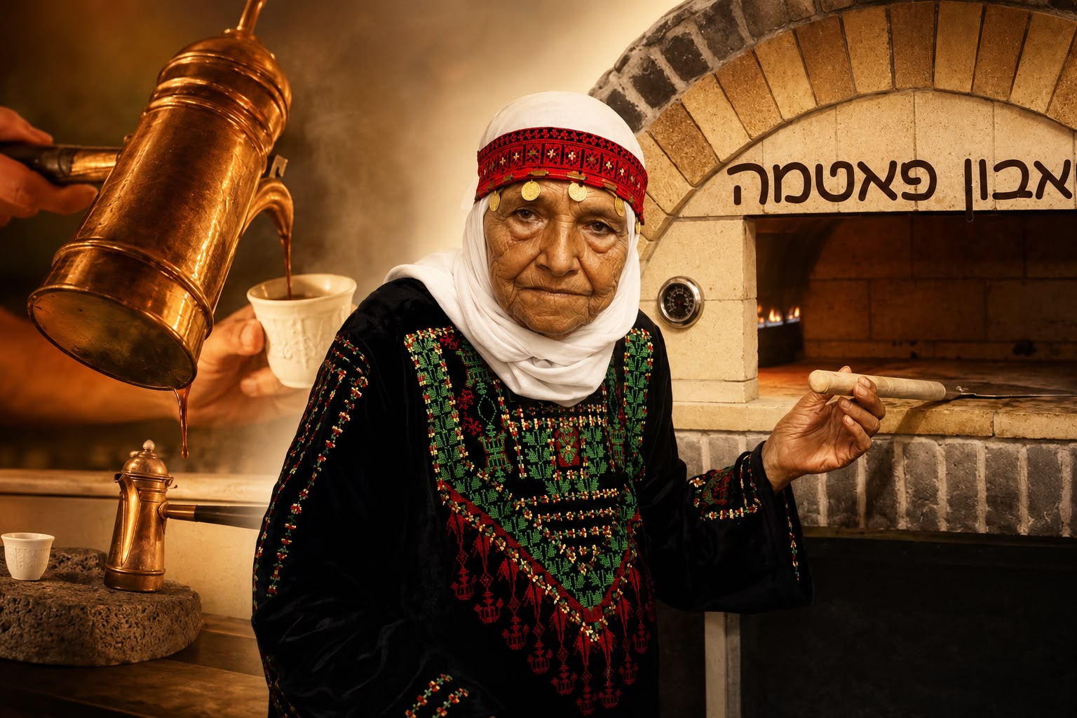 פאטמה ליד הטאבון המסורתי, מכינה מאפים באור חם